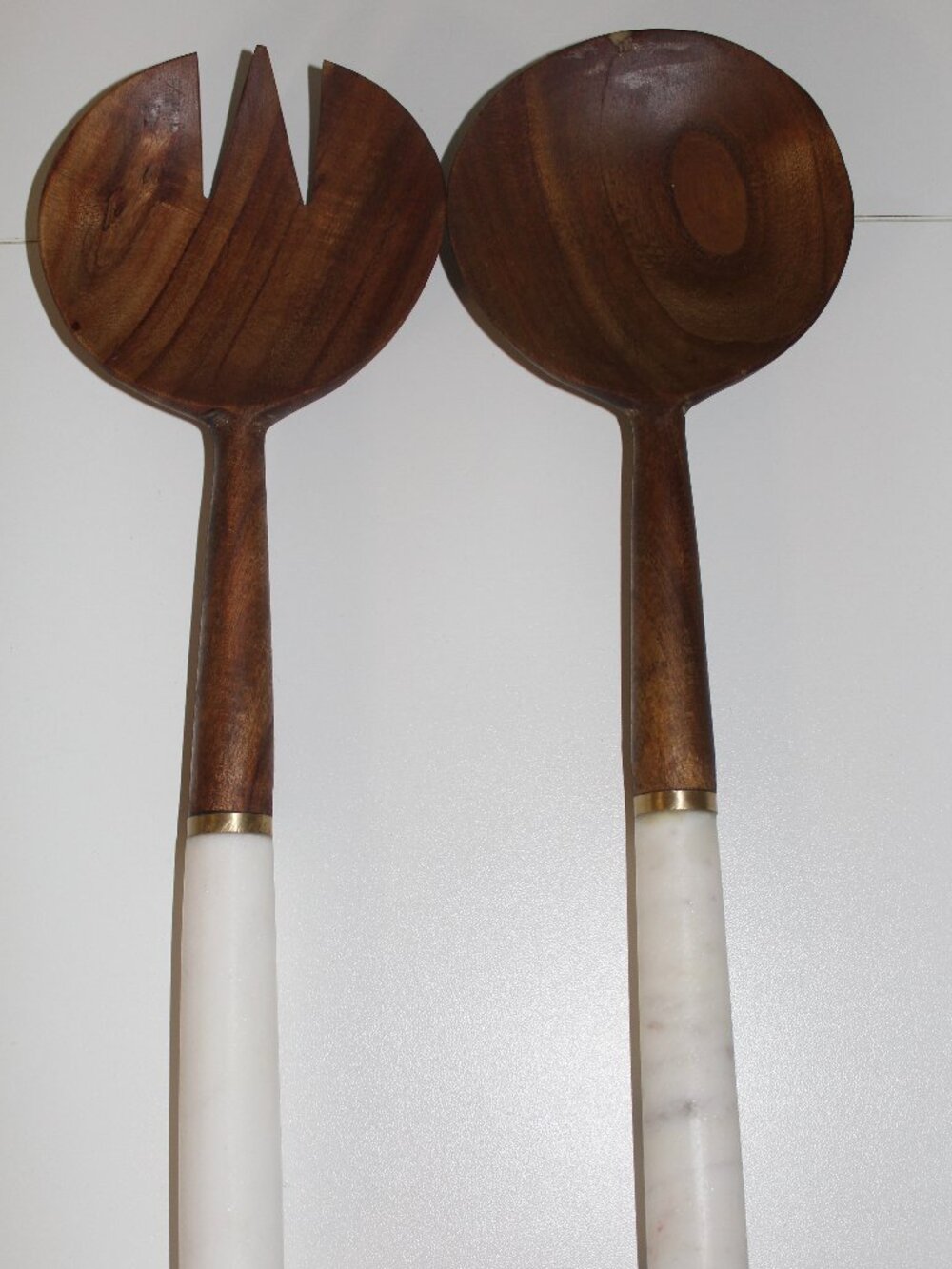 Vintage MCM Mango Wood & White Marble Salad Servers Set of 2 Gold Trim